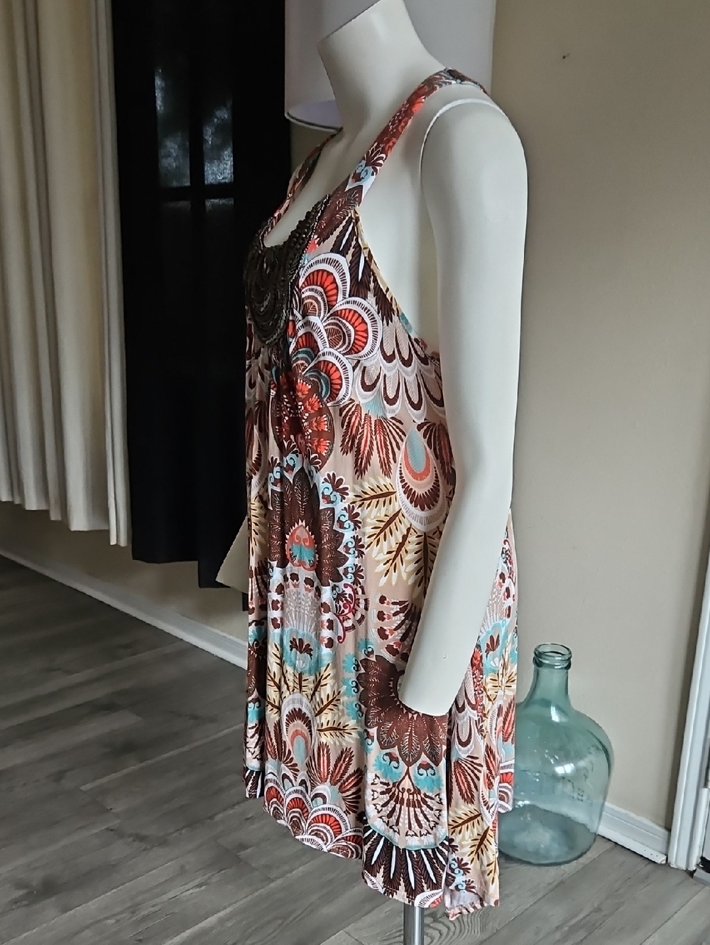 4/$20Boho Beaded Scoop Neck Tunic Top | Turquoise & Brown Paisley | Plus Size 18 - Picture 5 of 7